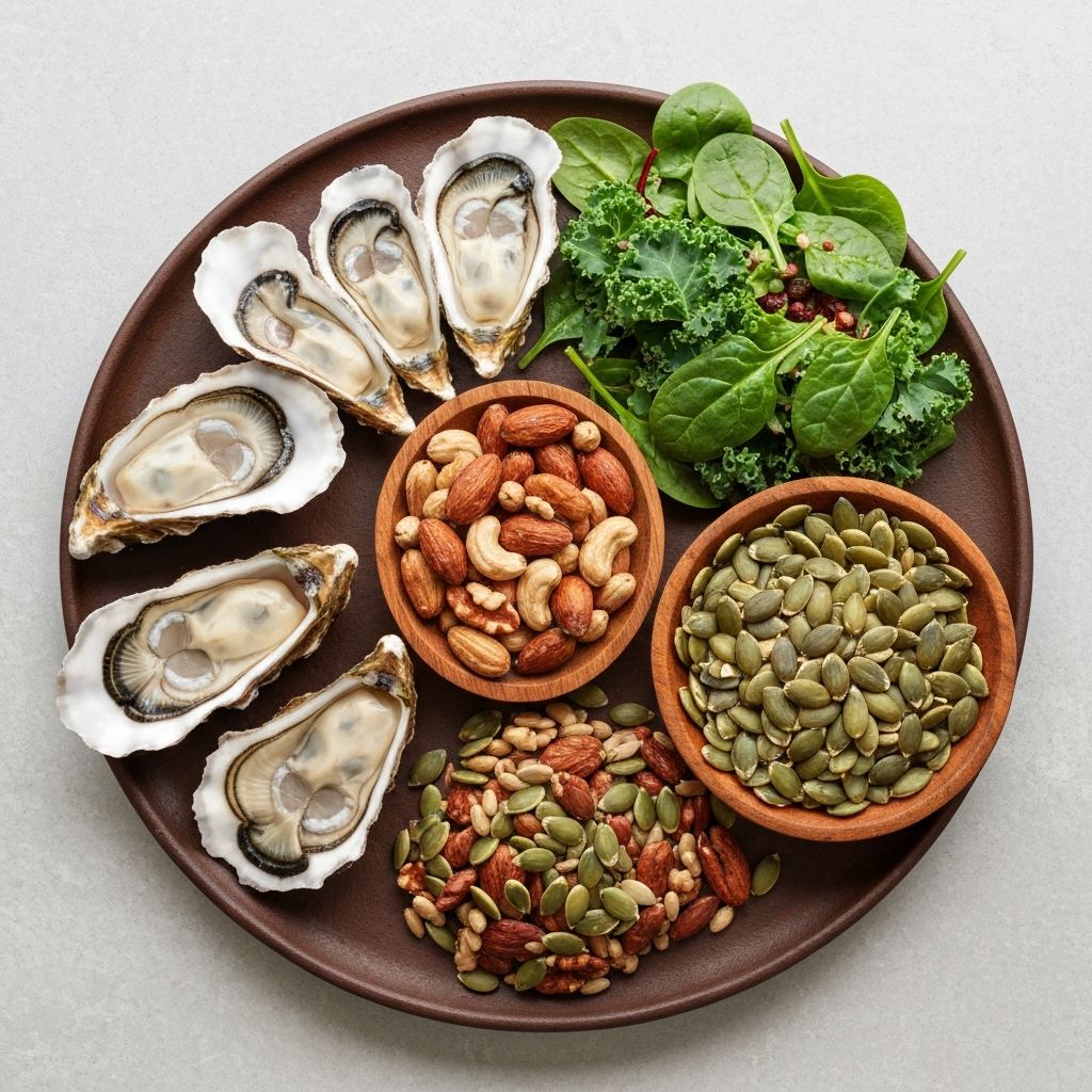 Mineral-rich foods including nuts, seeds, and shellfish
